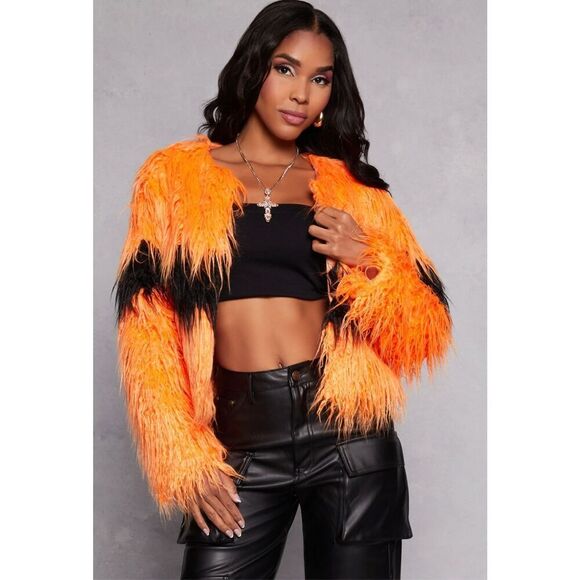 No Brand Jackets & Blazers - Faux Fur Chevron Striped Jacket